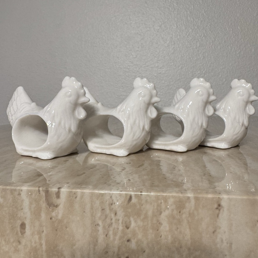 4 Vintage Shafford Design Porcelain White Hen Napkin Rings With Original Box